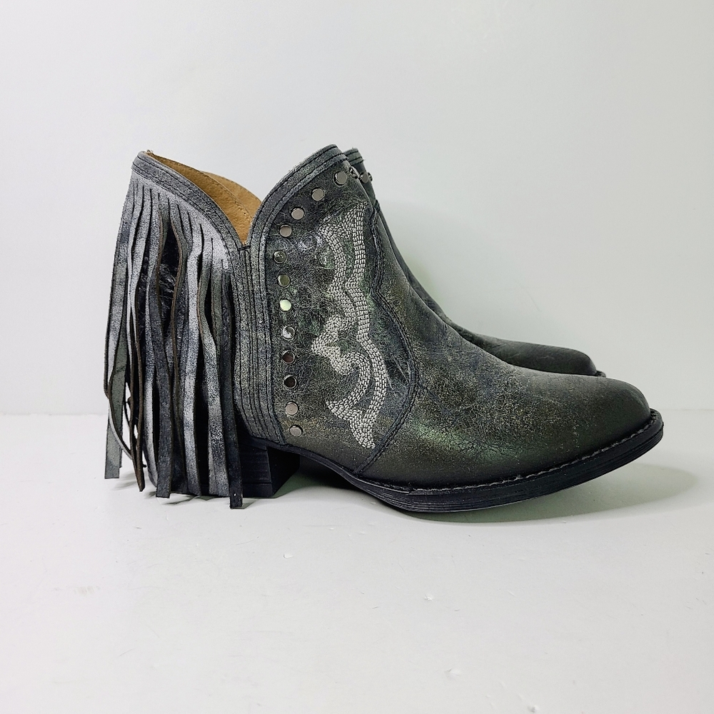 Sterling River Gray Distressed Studs Fringe Western Leather Ankle Shoe Boots
